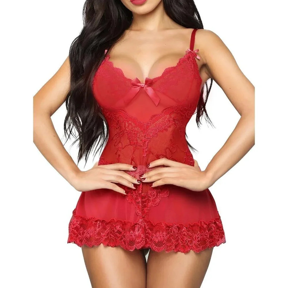 Rslove Women Sexy  Lingerie Lace Babydoll Mesh Sleepwear Bridal Nightdress- Red